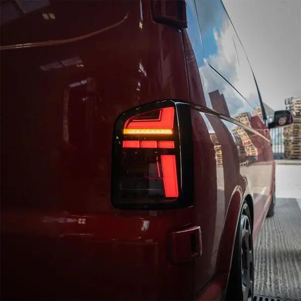 VW Transporter T6 – Rear Lights – Sequential Indicator – LED – RHD – Barn Door – Red Smoke (T6.1 Style) In stock with Supplier 7 to 14 days