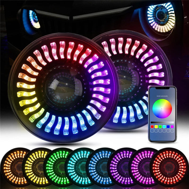 7 duim LED-dubbelstraal-koplig met RGB-vloeiende lig Halo Angel Eyes DRL Bluetooth-beheer