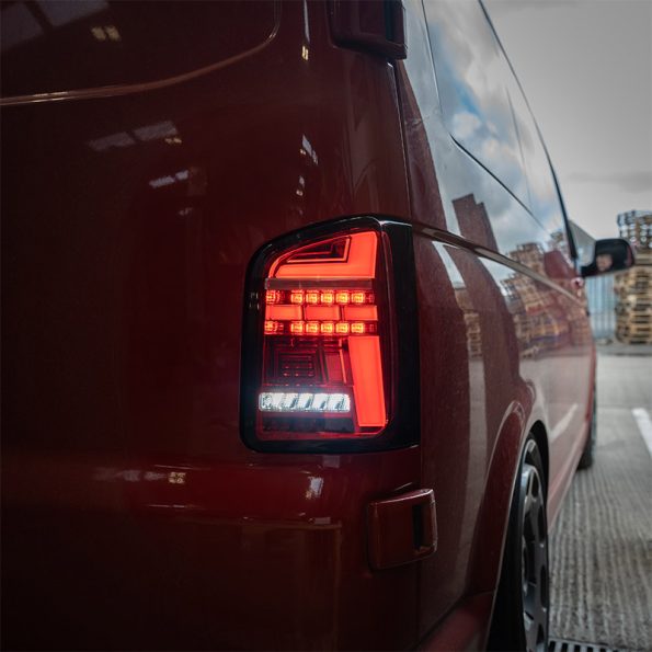 VW Transporter T6.1 – Rear Lights – Sequential Indicator – LED – RHD – Barn Door – Red Clear