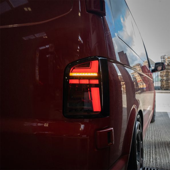 VW Transporter T6 – Rear Lights – Sequential Indicator – LED – RHD – Barn Door – Red Smoke (T6.1 Style)