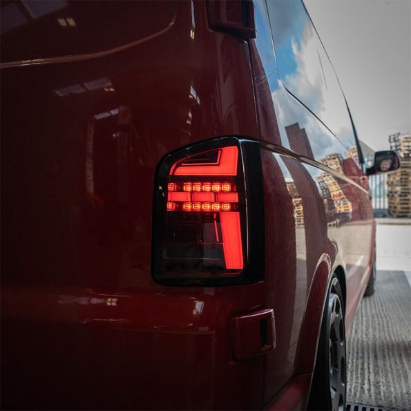 VW Transporter T6.1 – Rear Lights – Sequential Indicator – LED – RHD – Barn Door – Red Smoke