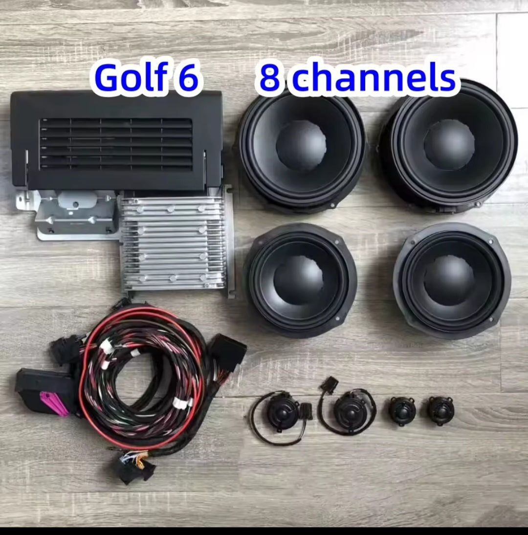 Vir VW Golf 7/7.5 MK7 GTI R-Line Hele Stel Dynaudio (4 tweeter/4 woofer/1 subwoofer/1 versterker) 'n Pilaar (swart/grys) met kabel