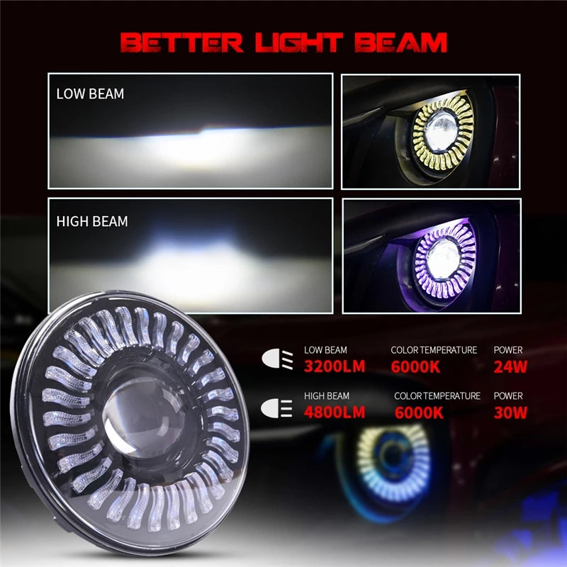 7 duim LED-dubbelstraal-koplig met RGB-vloeiende lig Halo Angel Eyes DRL Bluetooth-beheer