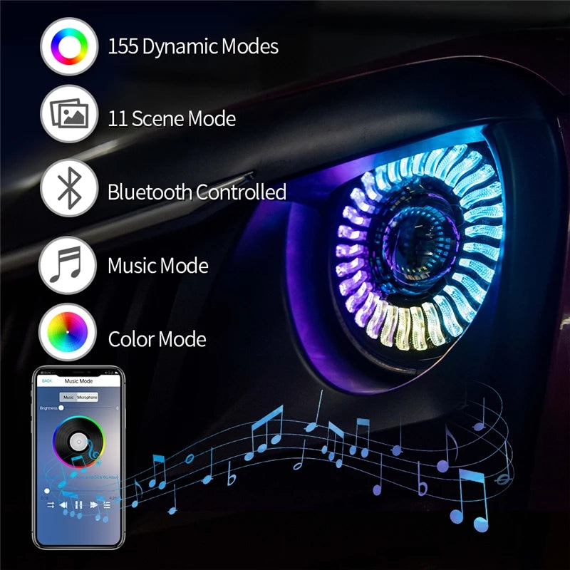 7 duim LED-dubbelstraal-koplig met RGB-vloeiende lig Halo Angel Eyes DRL Bluetooth-beheer